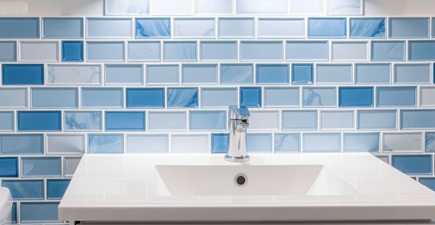 Person installing tile backsplash above a bathroom vanity with grout