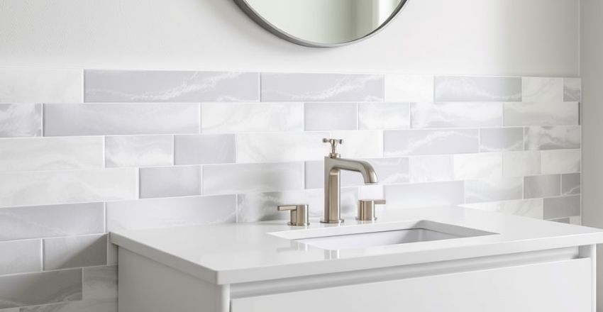 Small bathroom vanity with a light reflective mirrored tile backsplash