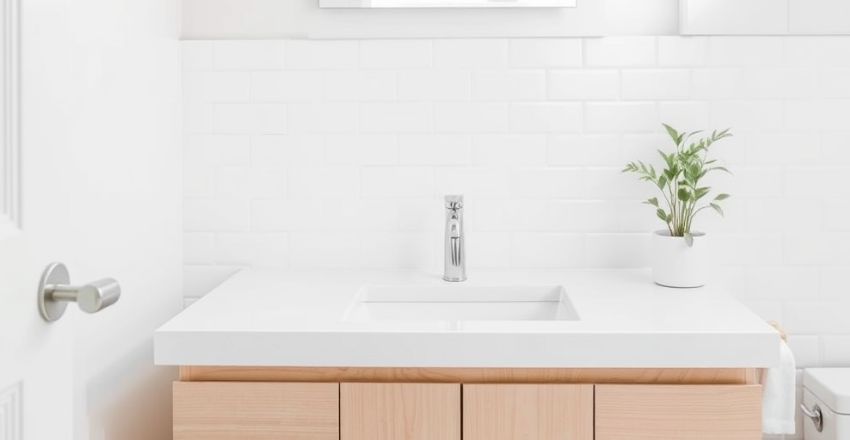 Bathroom vanity backsplash made of glass and marble tile
