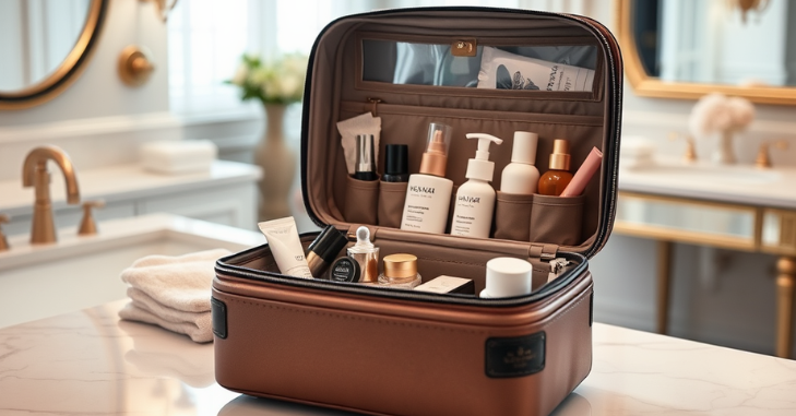 LL Bean personal organizer toiletry bag packed for a family trip
