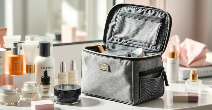 Calpak Terra toiletry bag opened like a mini vanity organizer