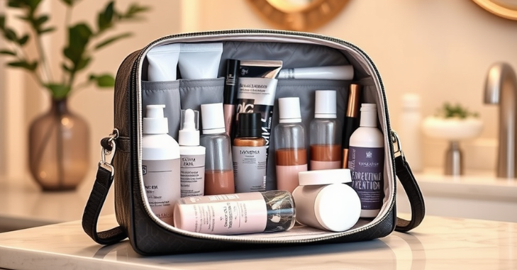 A stylish toiletry bag packed with travel essentials for women