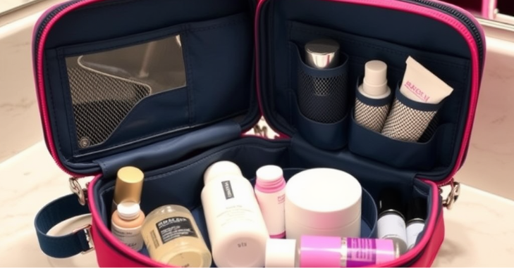 Beis toiletry bag in a neutral shade packed inside a carry-on