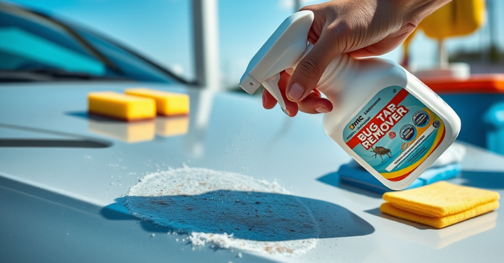 Travel-size bug and tar remover bottle kept in a car for quick cleanups