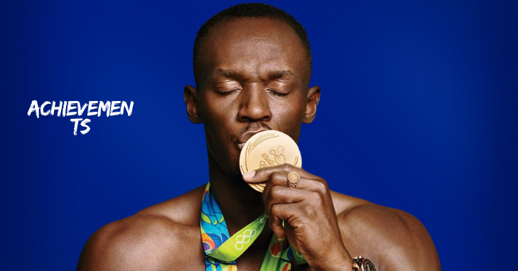 Portrait of Usain Bolt holding an Olympic gold medal