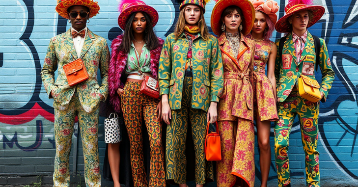 Models walking a runway in bold, colorful maximalist designer looks