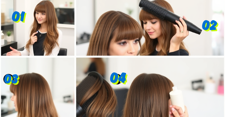 Woman styling curtain bangs with a curling iron for volume